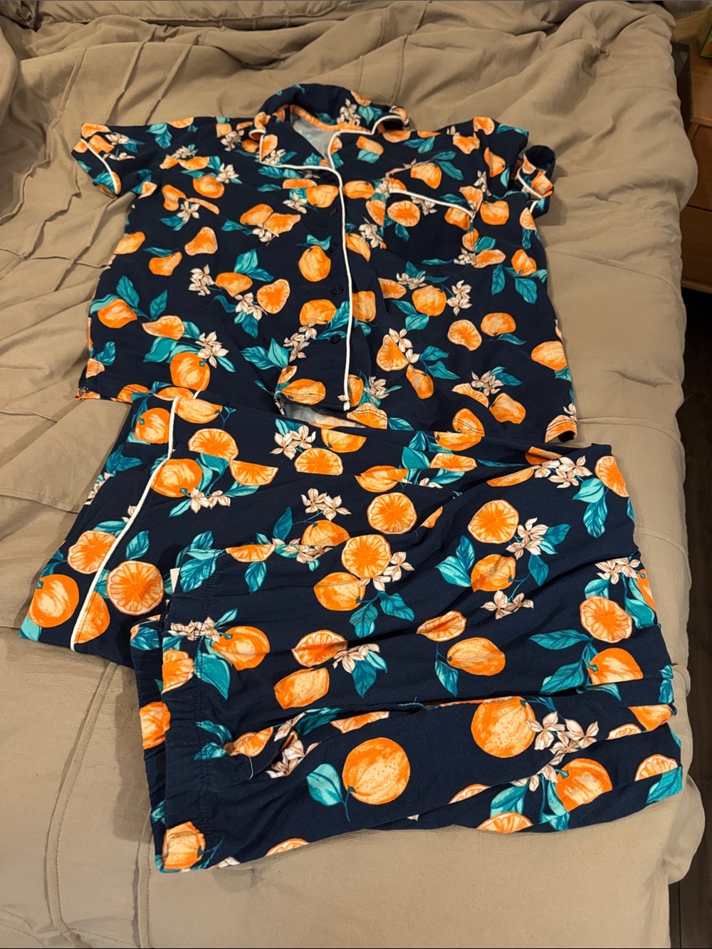 Women’s Short Sleeve Navy Pajama Set with Orange Fruit Print